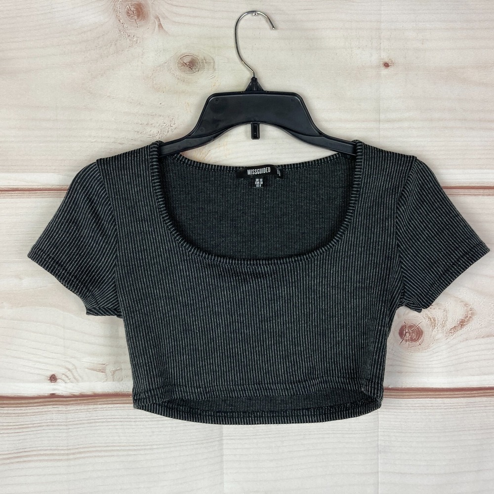 Missguided Top Womens 6 Rib Knit Short Sleeve Crop Black Scoop Neck Stretch Tee